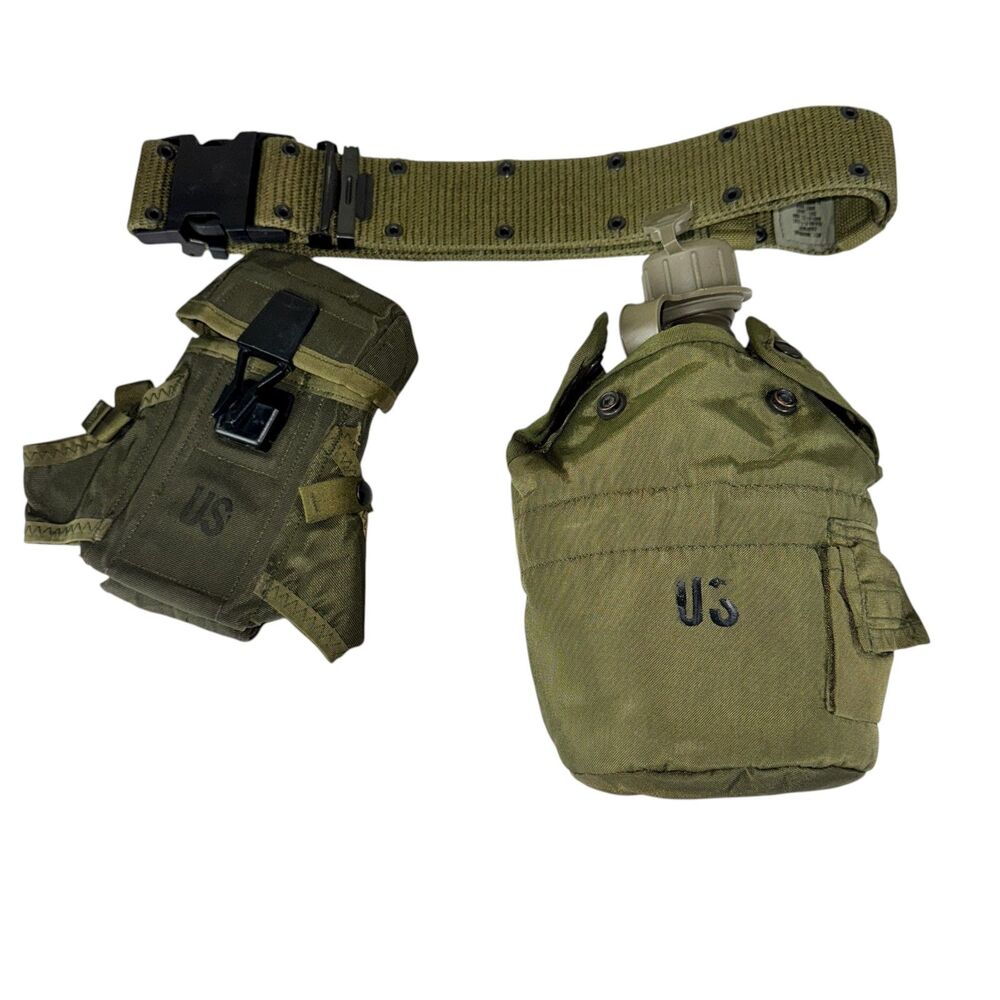 Green US Army Water Canteen And Cover With Clips And Military Belt Ammo Pouch